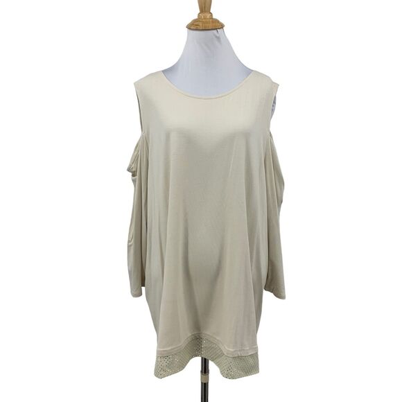 Chicos Top Womens 4 Beige Tunic Cold Shoulder Split Back Gold Dots Contrast Hem - Picture 1 of 16